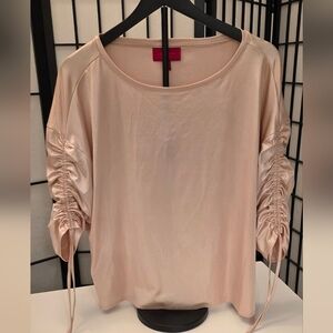 Jennifer Lopez Elegant Women's Champagne Pearl Ruched Sleeve Blouse ~ Size Large